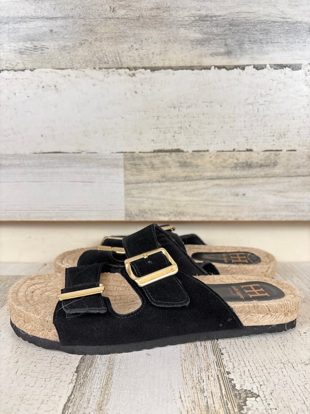 Haute Hippie Womens 7.5 Black Suede Nikki Buckle Slip On Platform Sandals NEW